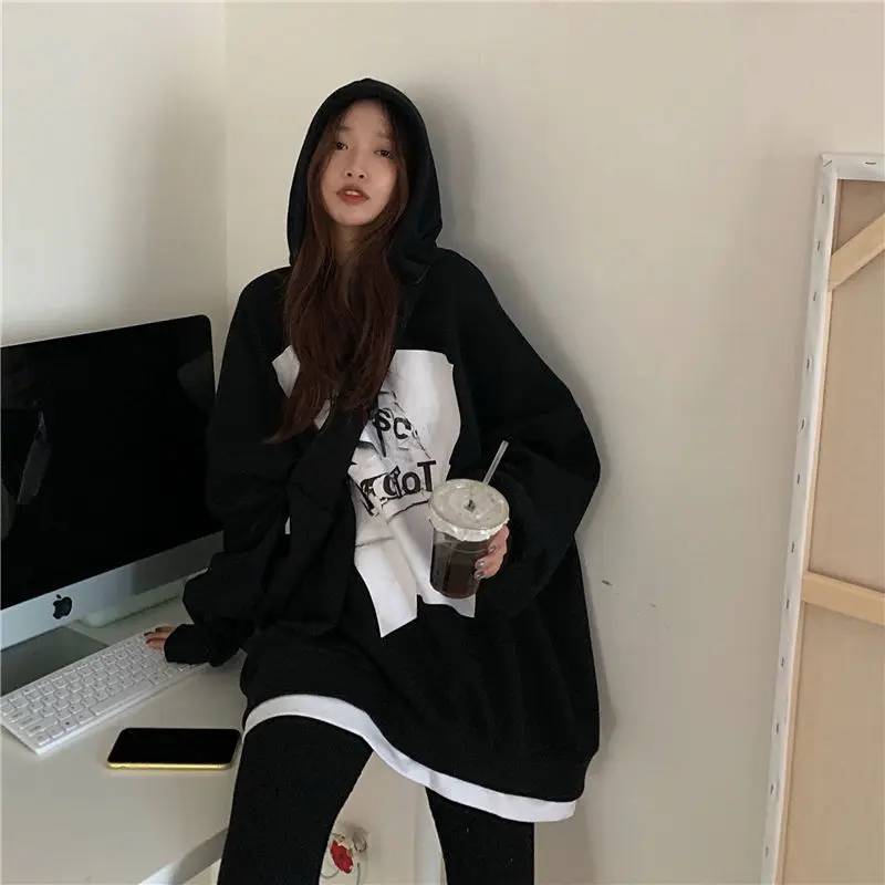 Harajuku Fake Two Pieces Loose Hoodies Sweatshirts Spring Autumn New Long Sleeve Contrast Tops Tees Trend Casual Women Clothing