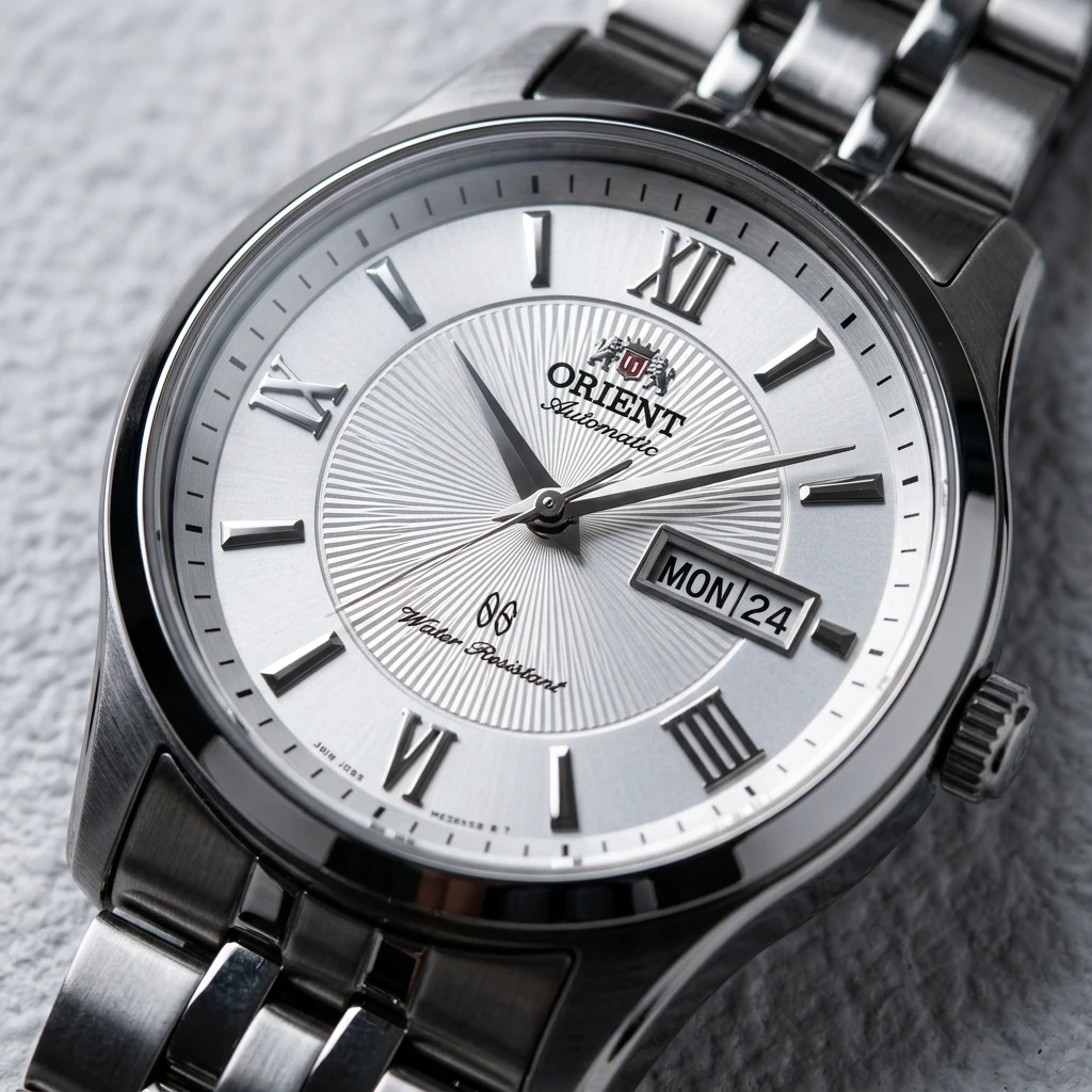 Orient Men Dual Day Date Automatic Mechanical Watch Roman Numerals Stainless Steel Bracelet Business Wristwatch view 5