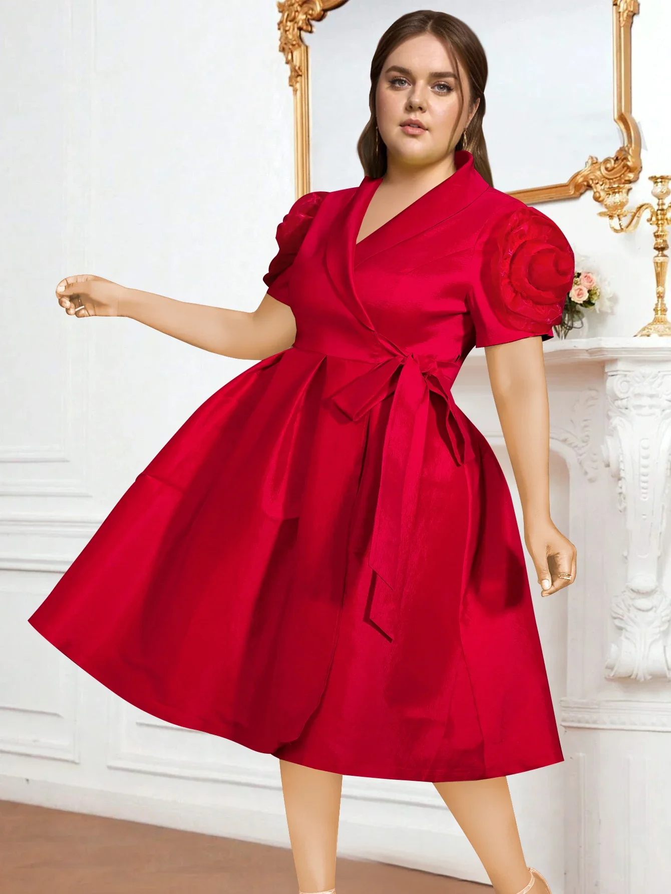 Retro Women's Red Lapel Petal Sleeve Ruffle A-line High Waist Dress Elegant A-Line Bow Evening Prom Party Event Gowns Plus Size