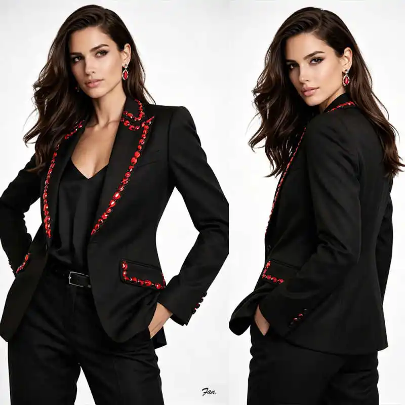 

Элегантный женский костюм с бриллиантами, 2 предмета: пиджак и брюки, на одной пуговице, для деловых встреч, вечеринок, банкетов, с возможностью индивидуального пошива