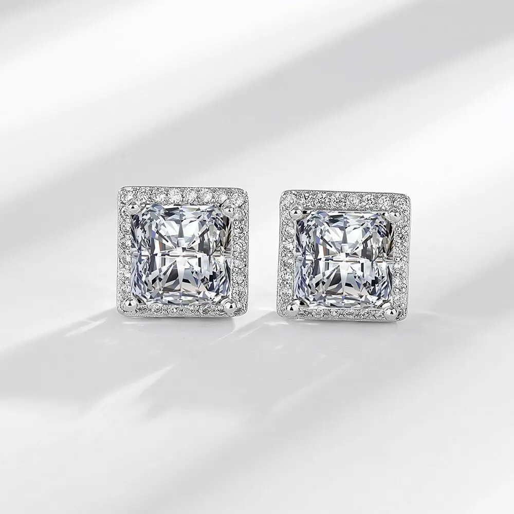 Stylish and Luxurious 925 Sterling Silver Sugar Cube Zircon Simple and Low-key Small Stud Earrings