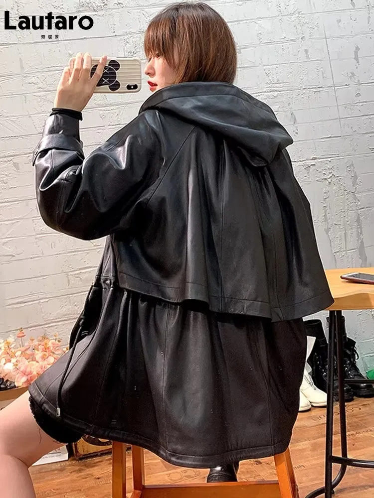 Lautaro Autumn Waterproof Black Oversized Leather Jacket Women with Hood Long Sleeve Drawstring Designer Luxury Windbreaker Coat