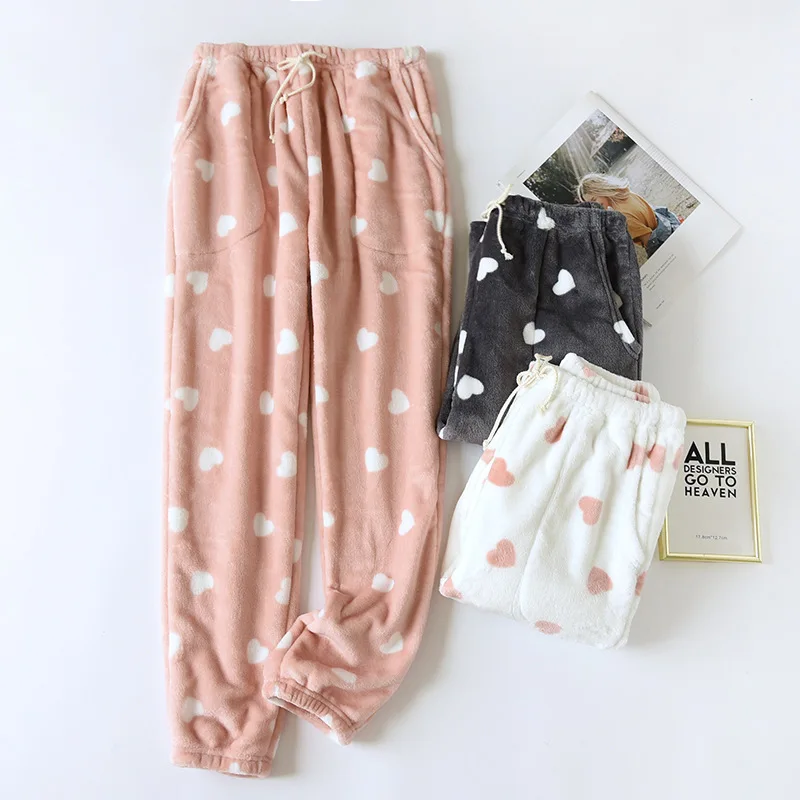 Winter Fannel Pajamas Pants Women Thicken Warm Pijama Bottoms Soft Plus Velvet Coral Fleece Home Pants Elastic Waist Trousers