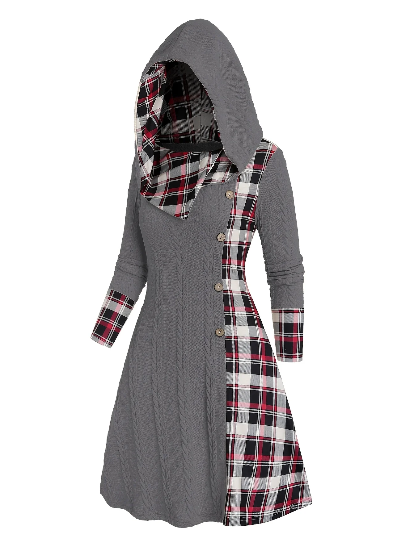 Damen-Kleid mit Karomuster, Kapuze, hoher Taille, A-Linie, lange Ärmel, aus Strick, mit dekorativer Schnallendetail. – Detail 21