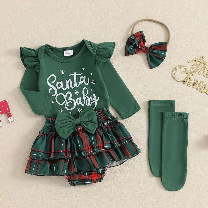 Baby Girl Christmas Outfit Letter Print Ruffle Long Sleeve Romper Plaid Layered Ruffle Shorts Bow Headband Socks