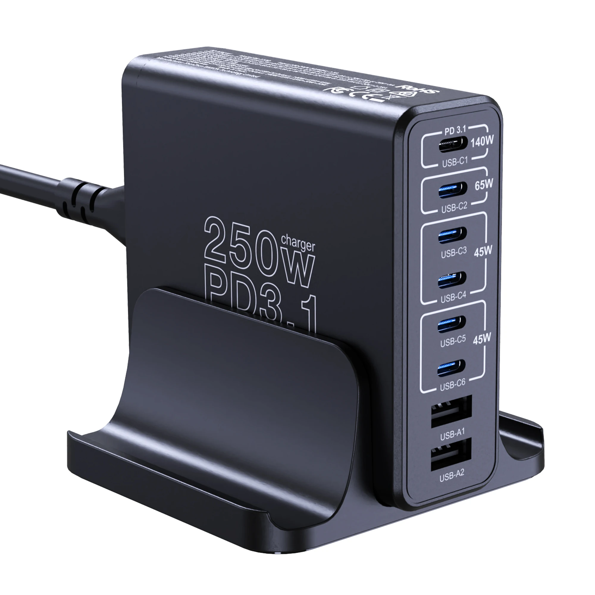 

Зарядное устройство GaN мощностью 250 Вт USB C Быстрое настольное 8-портовое зарядное устройство USB Type C PD3.1 Быстрая зарядка для ноутбука iPhone 16 15 14 Samsung S24 Xiaomi