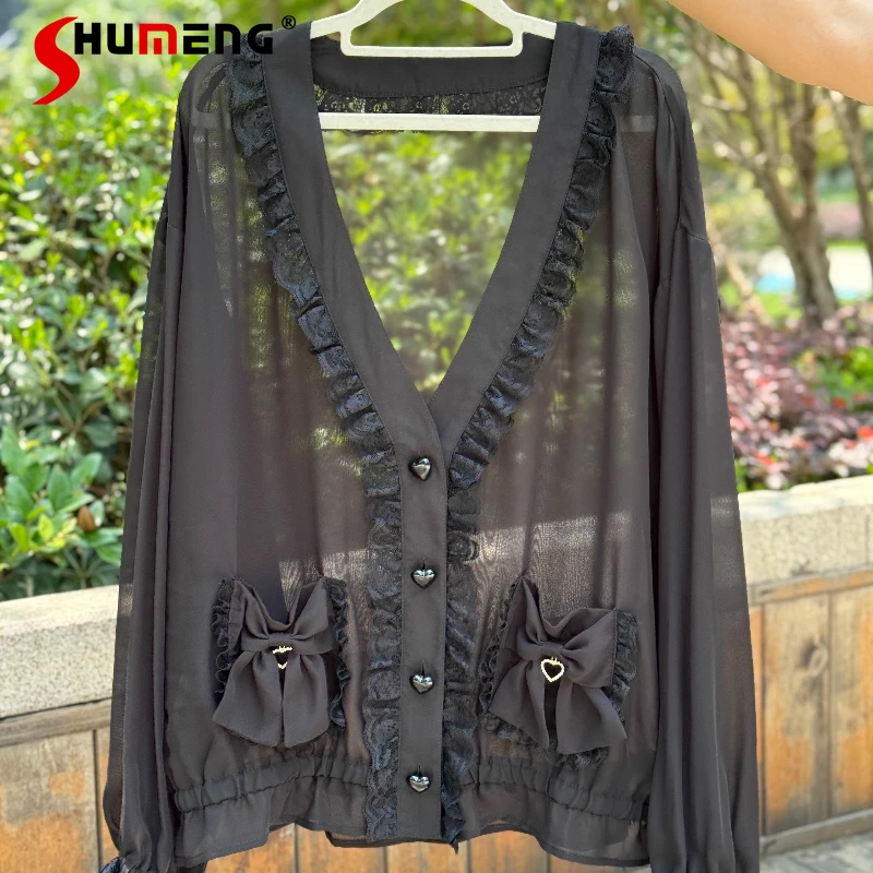 

Japanese Rojita SC New Large V-Neck Top Y2k Blusas Solid Color Semi-Transparent Thin Outerwear Shirt Ruffled Edge Bowknot Blouse