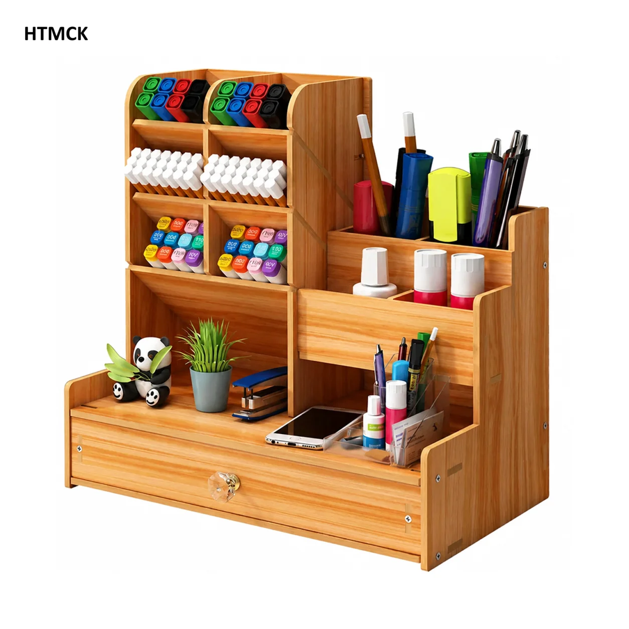 HTMCK DIY Wooden Desk Organizer Large Capacity Pen Holder Stationery Storage Box with Drawer for Home Office School Desktop Tidy