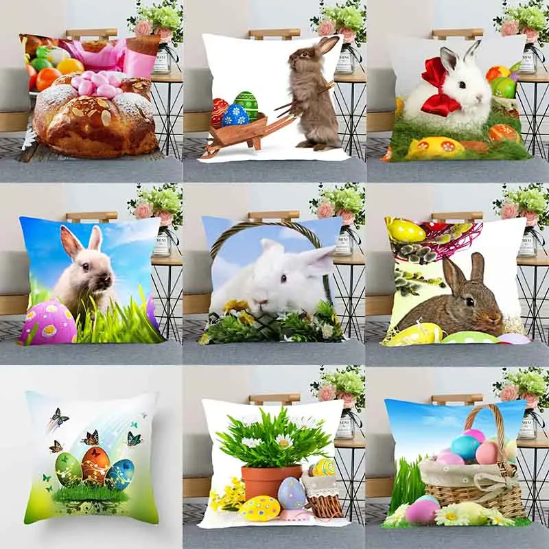 Luxury Home Decor Pillowcase Cute Rabbit Flower Basket Pattern Cushion Cover Living Room Sofa Cushion Cover