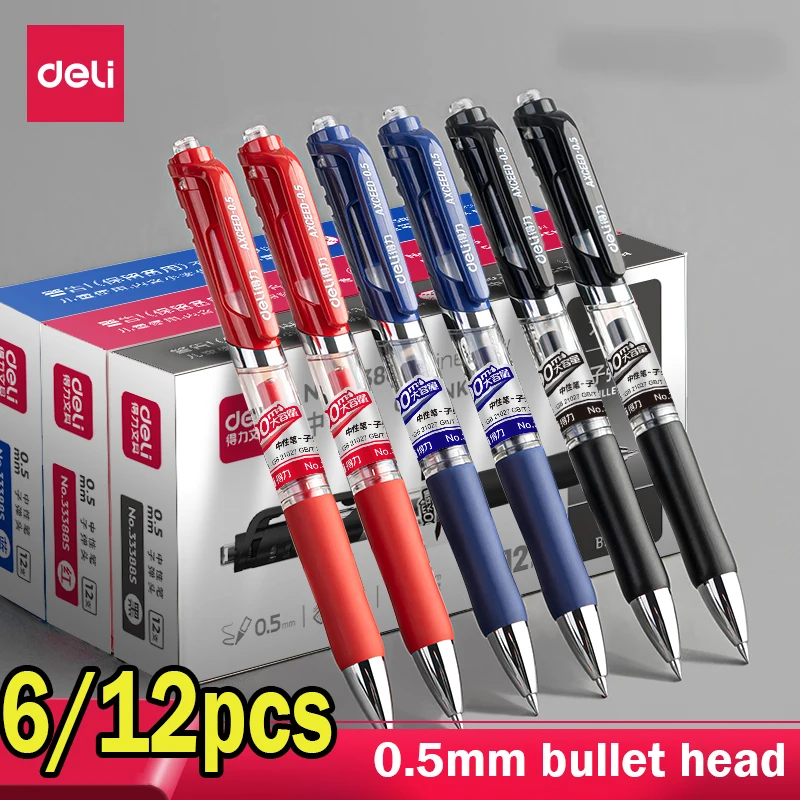 

6/12pcs Deli High Quality Gel Pen Black Blue Red 0.5mm Straight Liquid Pen Kawaii Stationery School Office Supplies Writing