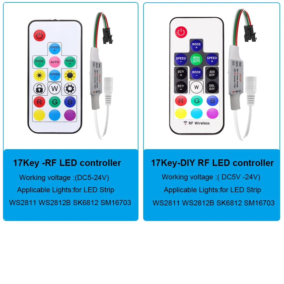 RF 14/17/21Keys RGB DC LED Pixel Strip Light Controller For WS2811 WS2812B SK6812 1903 With Remote Controller DC5-24V