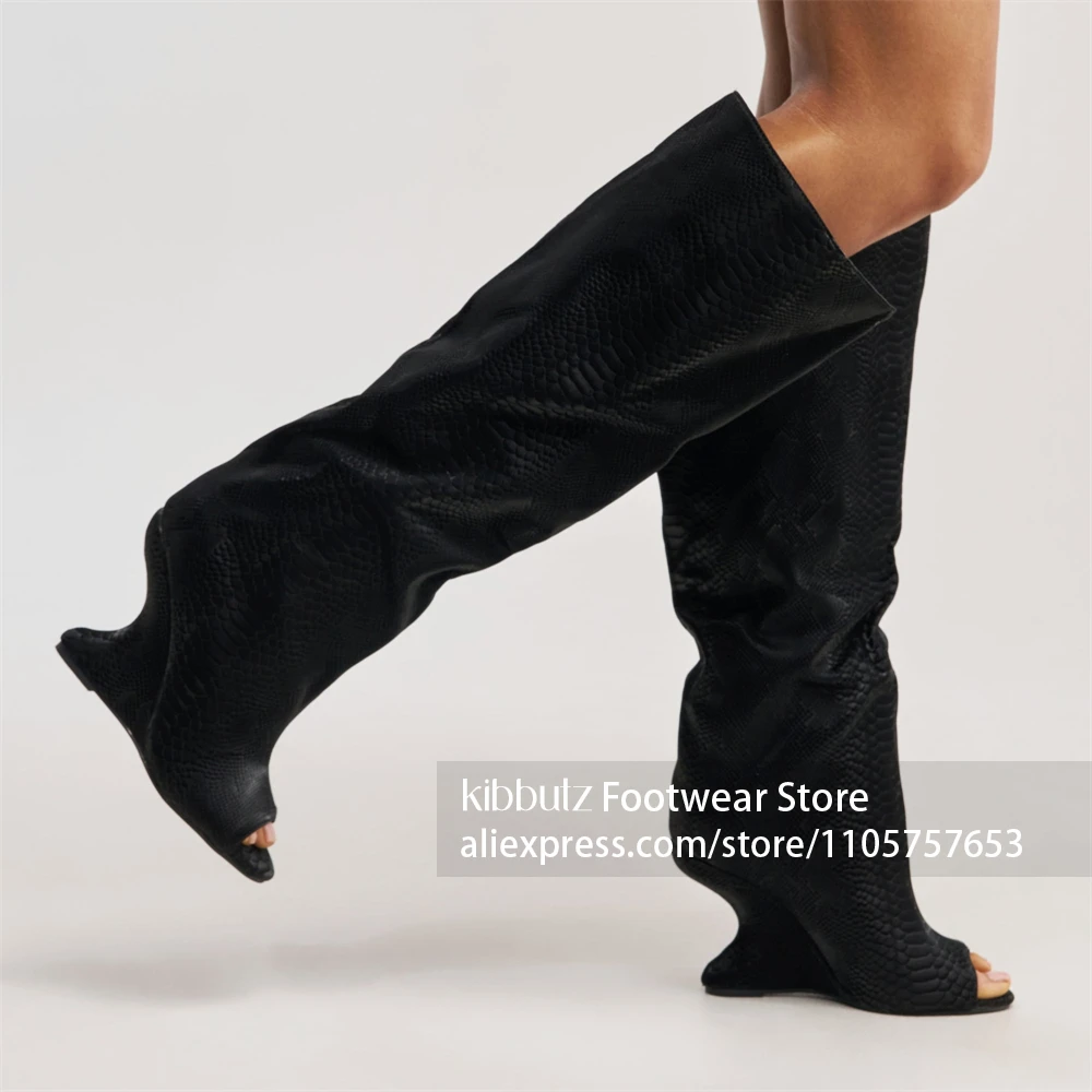 Integrated Sculptural Curved Wedge Boots Black Snake Print Faux Leather Upper Boot Slouchy Wide Knee Shaft Snake Print Knee Boot