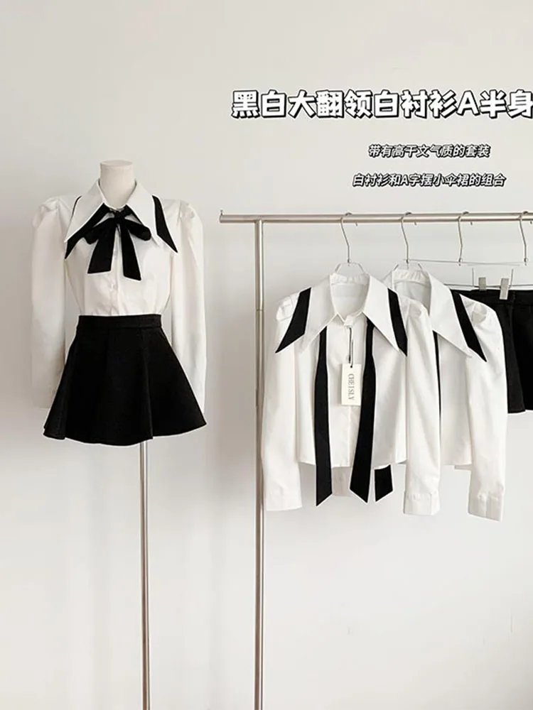 

High Quality Outfits 2 Piece Skirt Set Turn-Down Collar Blouses White +High Waist A-Line Skirt Office Lady Simple Preppy Style