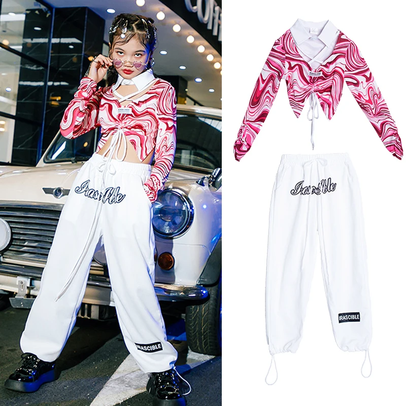 

Fashion Hip Hop Dance Performance Clothes Kids Stage Kpop Outfit Long Sleeved Top White Pants Girls Jazz Dance Costume XS7193