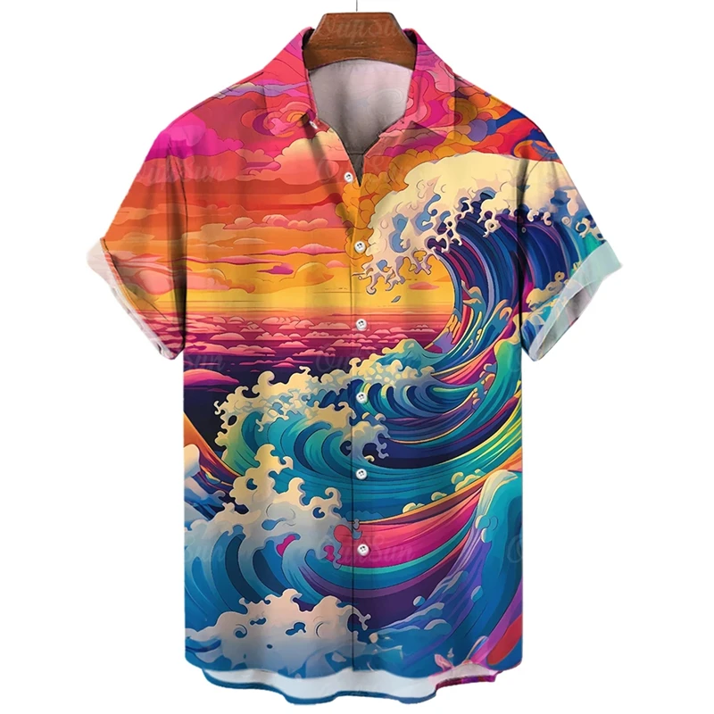 

Harajuku Fashion Sunset Waves Graphic Shirts For Men Clothes Colourful Blouses Casual Hawaiian Beach Shirts Streetwear Y2k Tops