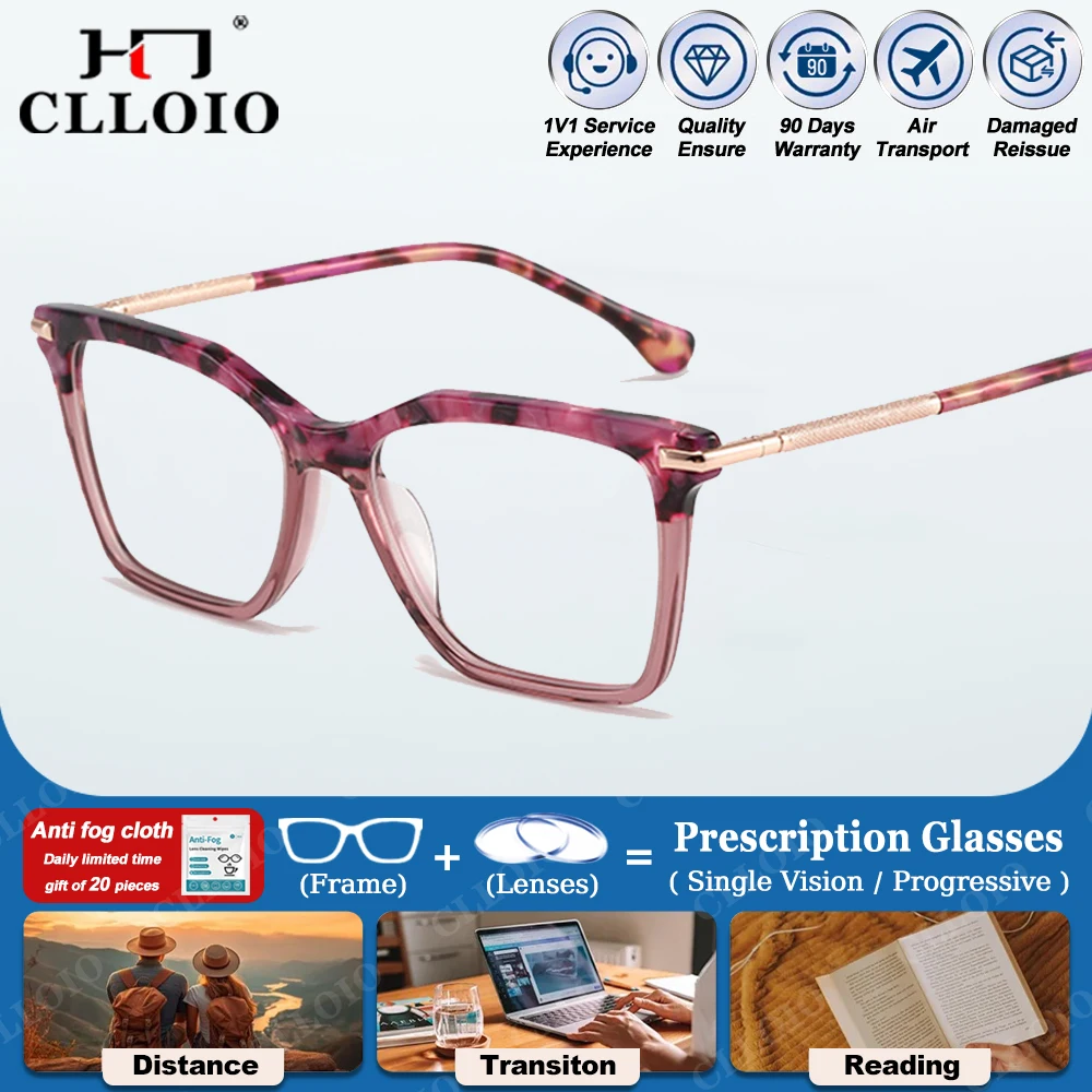 

CLLOIO New Handmade Acetate Prescription Glasses Women's Square Anti Blue Light Myopia/Hyperopia/Progressive Optical Eyeglasses