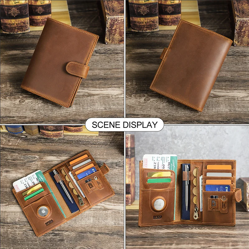 Immagine 3: Portafoglio da Viaggio in Vera Pelle CONTACT'S per Uomo con Slot per AirTag, Protezione RFID, Porta Penne e Carte, Portamonete, Regalo da Viaggio