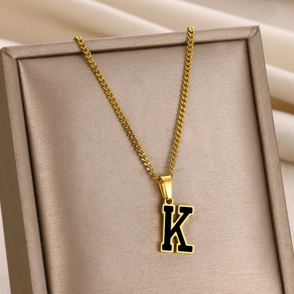 الذهب اللون الفولاذ المقاوم للصدأ 26 حرف قلادة كلاسيكية سوداء الأولي قلادة قلادة عيد الحب هدية مجوهرات شحن مجاني