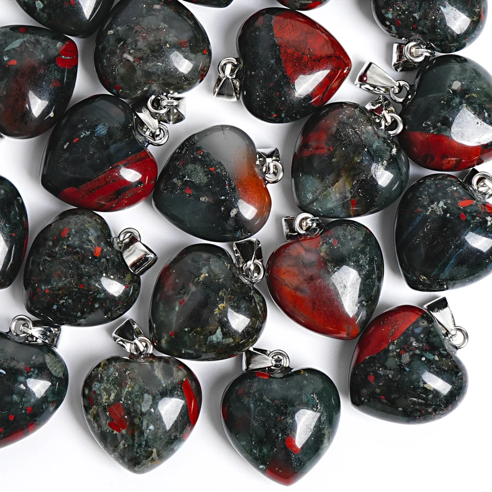 Blood Stone Heart Shape Pendants 19x19x11mm Handcrafted Stone Charms for Necklace Chain Accessories Jewelry Making Supplies