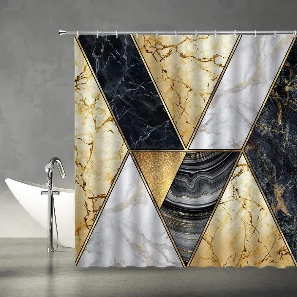 Geometric Marble Shower Curtain Abstract Texture Lines Stripes Art Modern Blue Grey Black White Gold Fabric Bathroom Decor Hooks