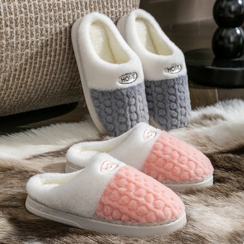 Pantoufles d'hiver en coton pour hommes et femmes, chaussures de sol confortables, antidérapantes, semelle épaisse, diapositives chaudes pour la maison, pantoufles en fourrure pour Couples et femmes