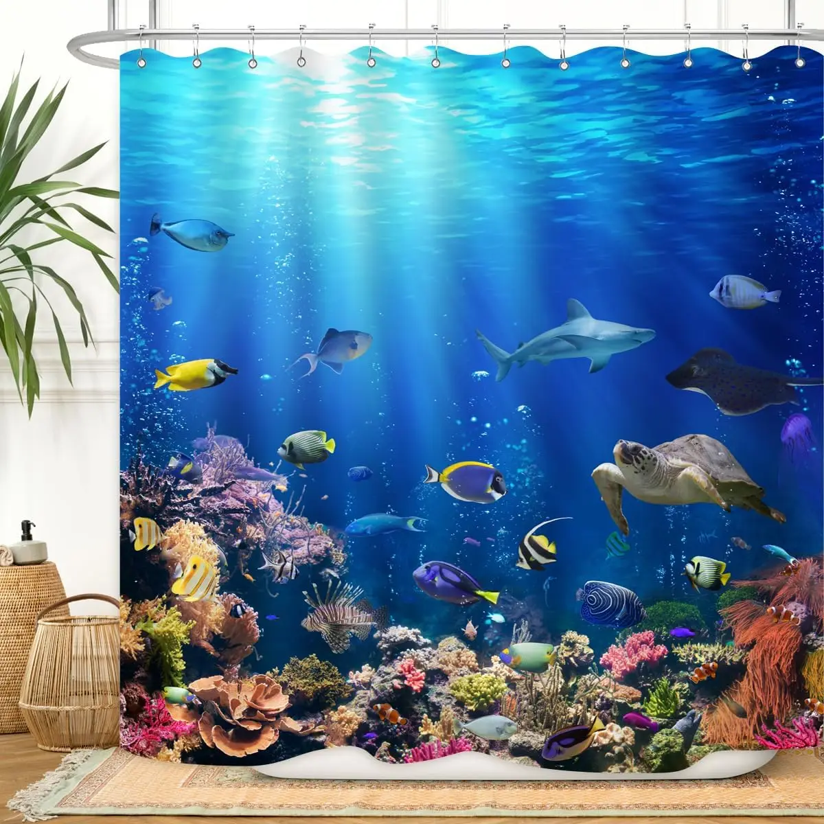 

Vibrant Ocean Shower Curtain - Colorful Fish & Coral Design, 72x72 Waterproof Fabric with 12 Hooks