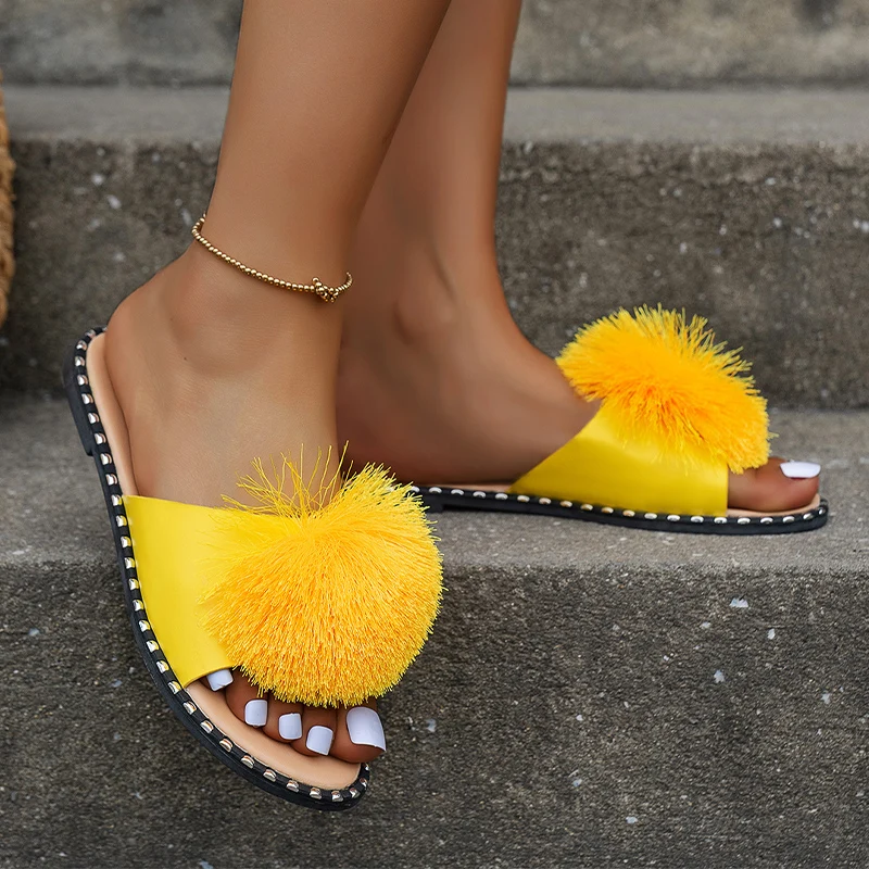 

Casual Slippers 2023 New Summer Women Flats Fur Sandals Flip Flops Beach Shoes Dress Walking Bohemian Slides Slingback Zapatos