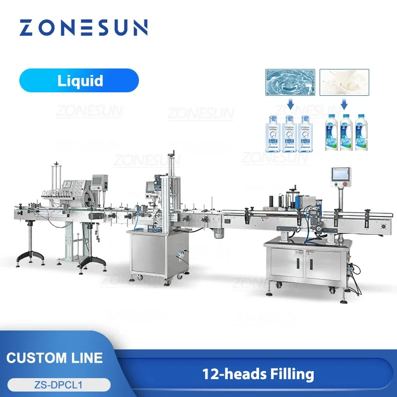 ZONESUN Custom Production Line Bottle Liquid Paste Filling Capping Labeling Machine Multi head Constant heating ZS-FAL180R9