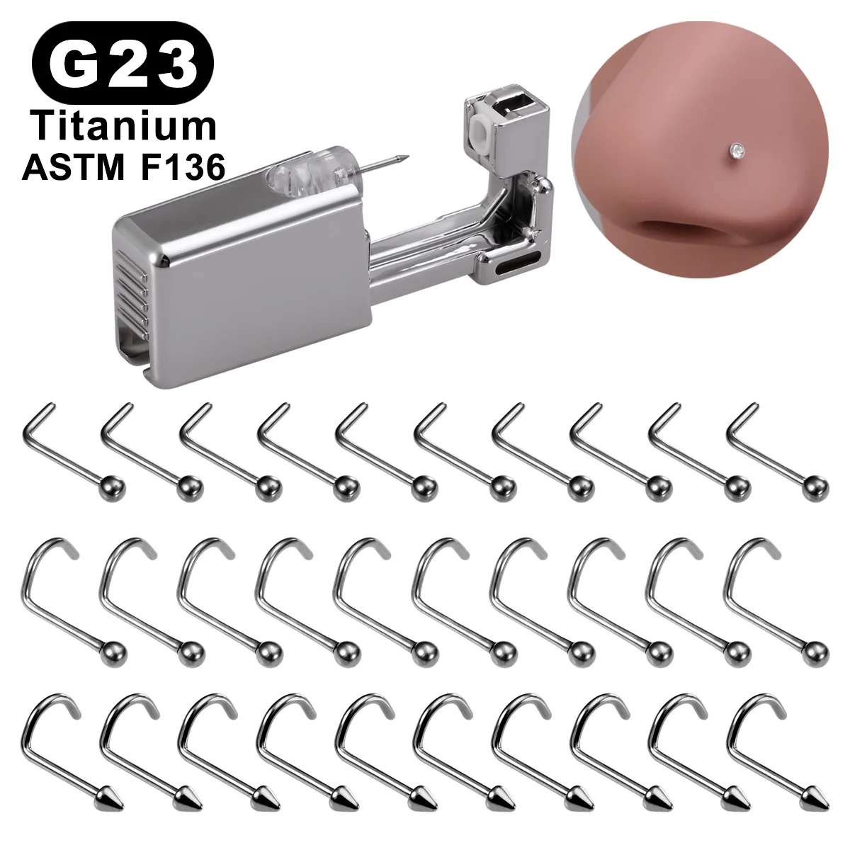 11Pcs G23 Titanium ASTM F136 Nose Piercing Gun Tool Kit Body Piercing Jewelry Nostril Ear Cartilage Tragus Piercing Earrings