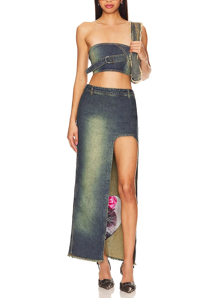 Irregular Slit Half Skirts y2k Fashionable High Street Retro Blue Denim Printed High Waist Women's Half Skirt 2024 Summer New