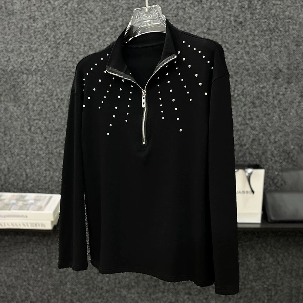 Mens T-Shirt Metal Rivet Zipper Shoulder Pad Casual T-Shirt Streetwear Fashion Youth Trend Campus Long Sleeve Top Men'S Clothing