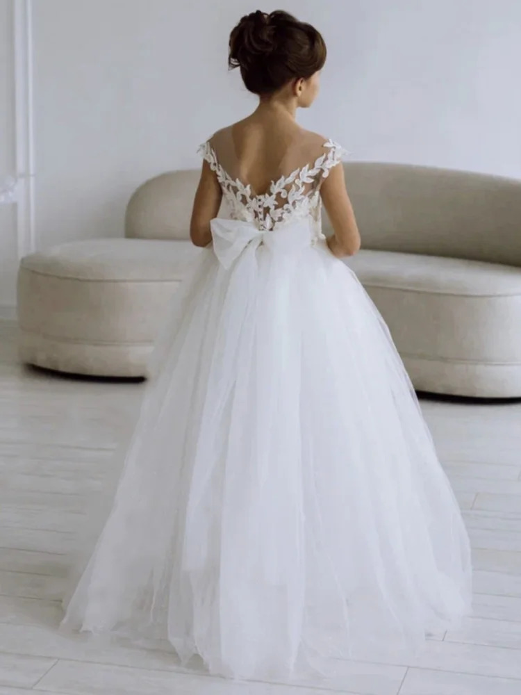 Vestidos de flor branca com arco, apliques de tule, sem mangas, casamento, aniversário, banquete, vestidos de primeira comunhão