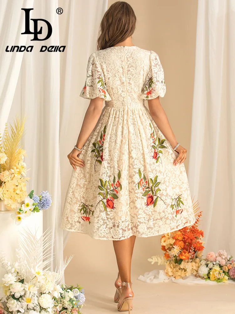 LD LINDA DELLA New style Embroidery Design Women\'s Dress Puff Sleeve High waist Autumn Large swing Ball Gown Dresses