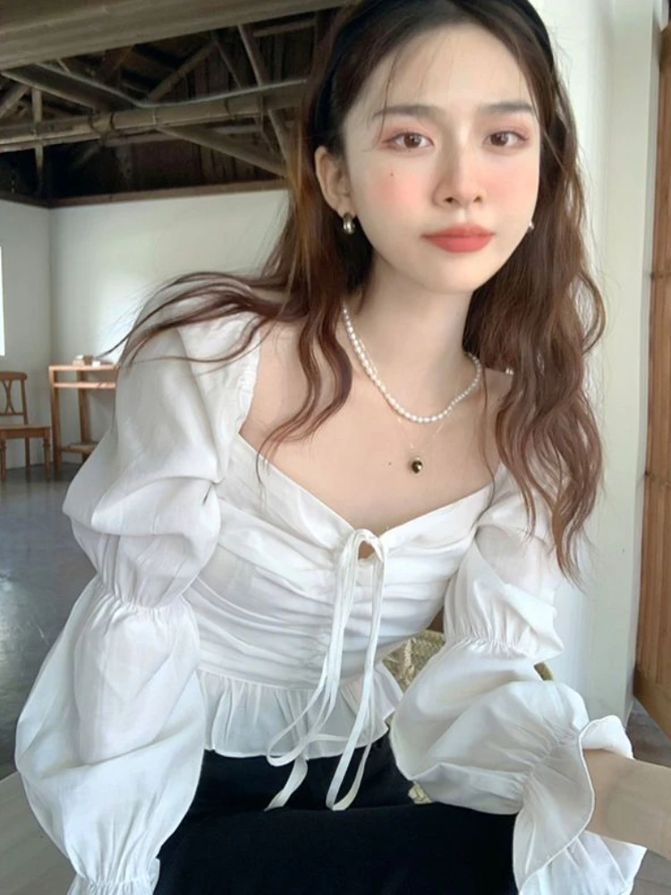 Blouses Women French Style Vintage Spring Flare Sleeve Design Aesthetic Clothing Bandage Navel Crop Top Camisa De Gasa Fashion