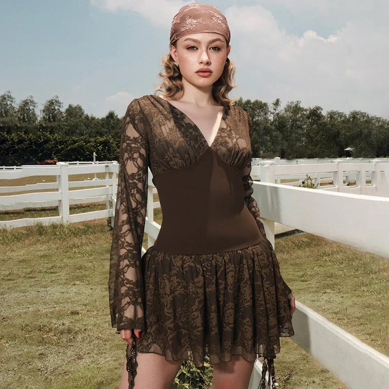 

Sexy Lace Splice Ribbon Dress Female Hollow Long Sleeve V neck Pleated Mini Dress Elegant Hot Girl Club Party Clothes