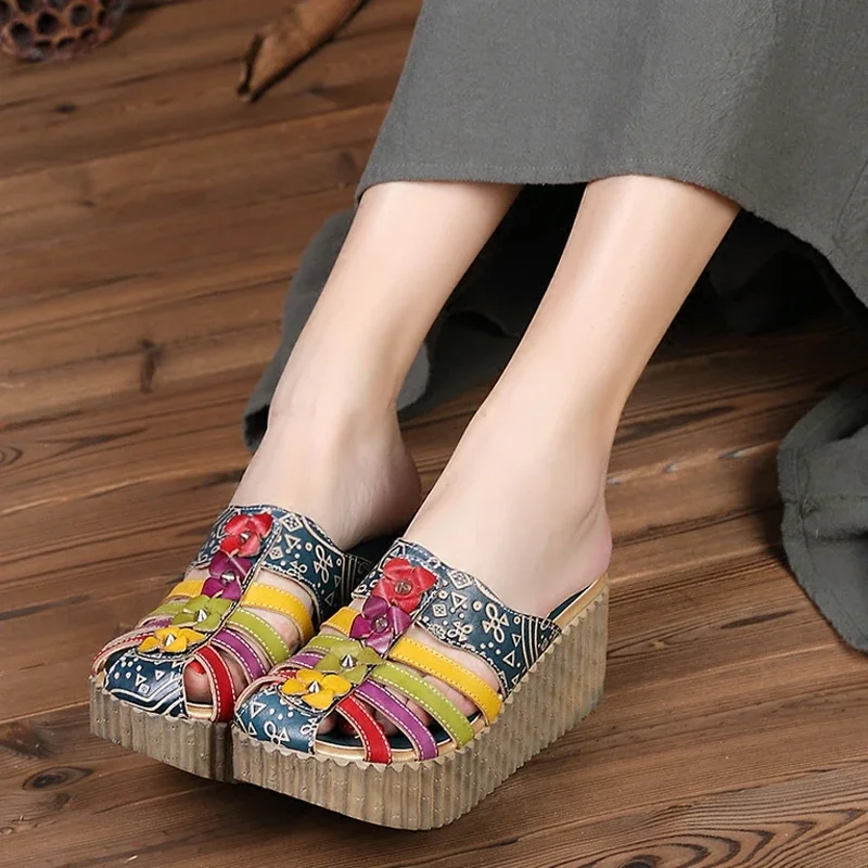 YAERNI Summer New Hand Hollow Out Shoes Women Slides Genuine Leather Cover Toes Flower Woman Platform Slippers