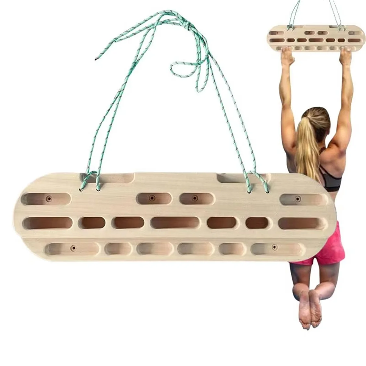 N18R Wooden Climbing Fingerboard with Hanging Rope, Indoor Outdoor Training Hangboard for Climbers and Athletes