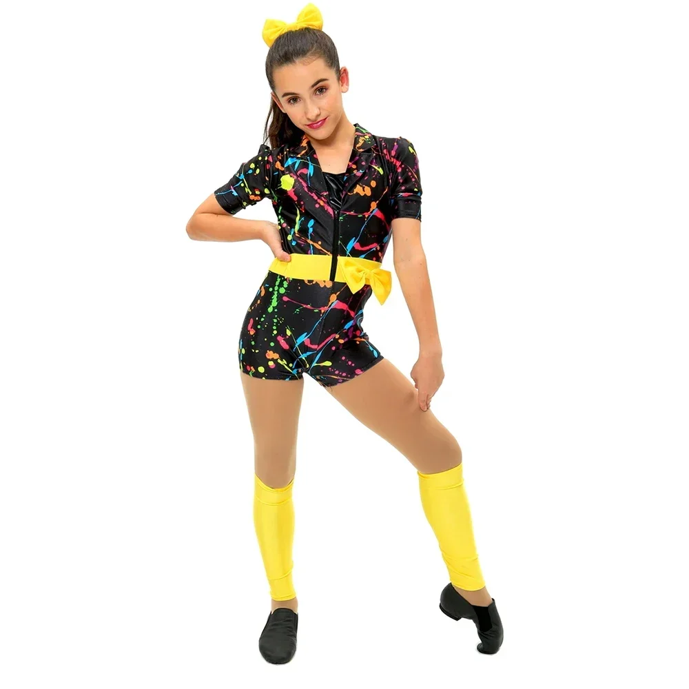 Girls Hip Hop Dance Costume Kids Colorful Jazz Dance Outfit 2 Pieces with Leg Warmer Hair Bow Stage Performance Competition Wear