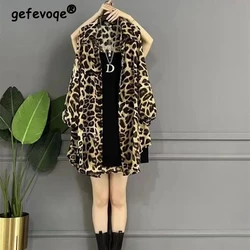 2024 Summer Women's Fashion Oversized Thin Sunscreen Shirt Leopard Print Long Sleeve Irregular Blouse Casual Tunic Tops Female