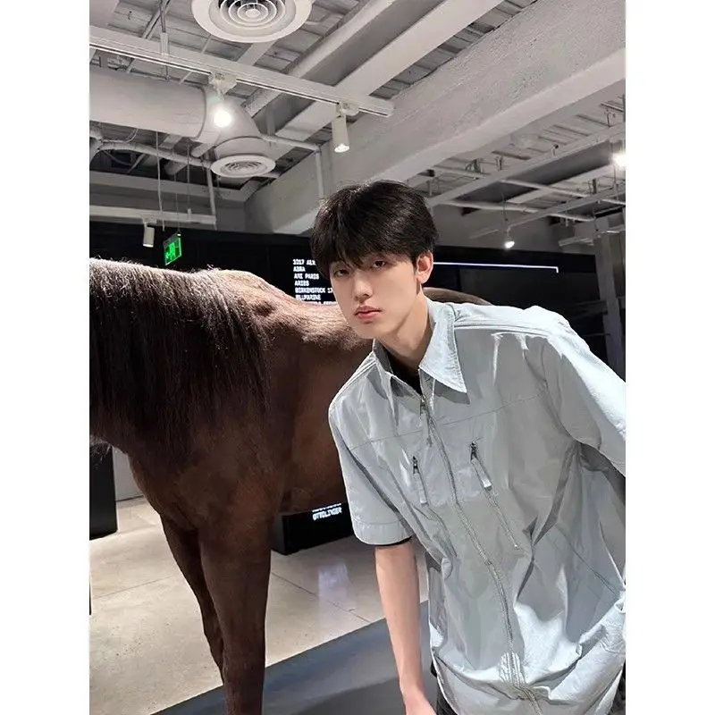 Zippered Shoulder Pad Shirt Men's Short-sleeved Summer High-end Work Shirt Design Sense Five-point Sleeve