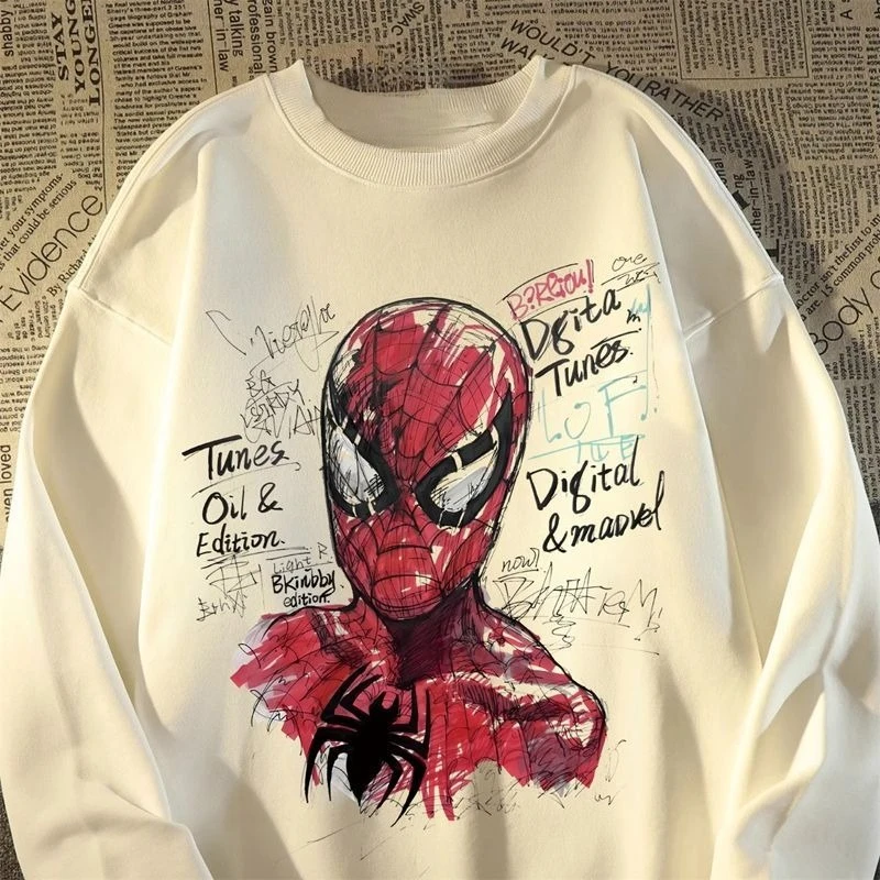 Outono e inverno homem aranha impresso americano retro em torno do pescoço hoodie masculino e feminino na moda versátil topo
