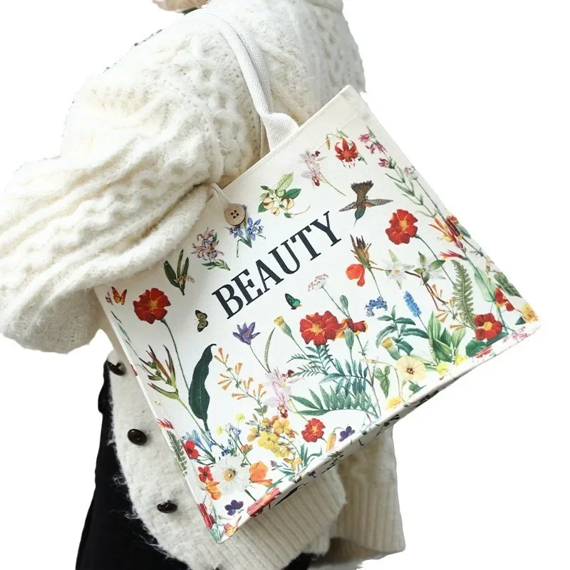 Bolso de mano de lona con patrón Floral para mujer, bolsa de compras tridimensional de gran capacidad, a la moda, portátil, ecológica