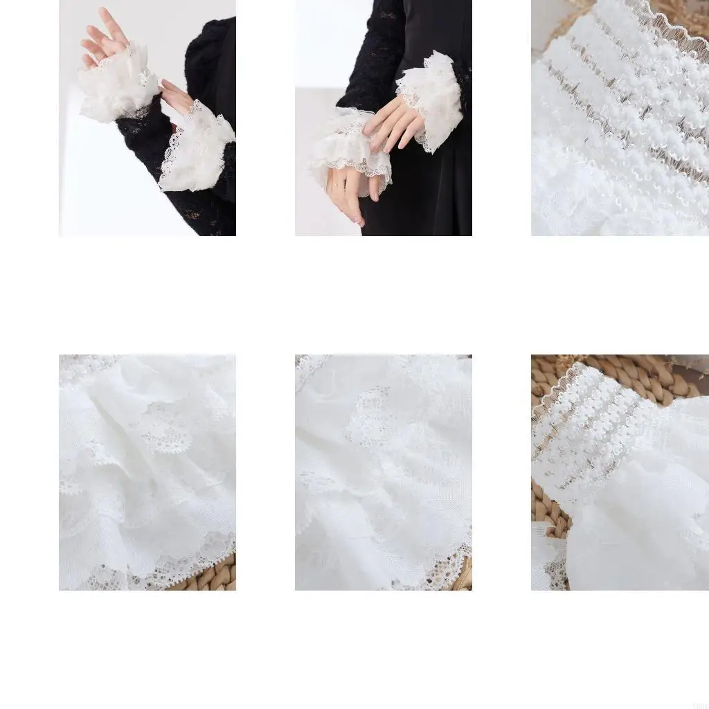 Lace Sleeve Accessory Pair in White with Ruffle Texture and Easy Elastic Opening for Dresses Tops and Photo Styling Y08E