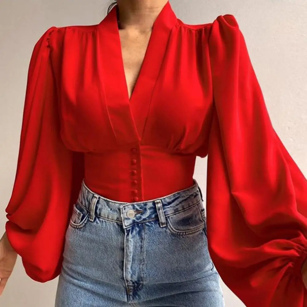 Flower Print Vintage Women Shirt Spring Lantern Long Sleeves V-neck Buttons Placket Waist Tight Shrinkable Cuffs Crop Shirt