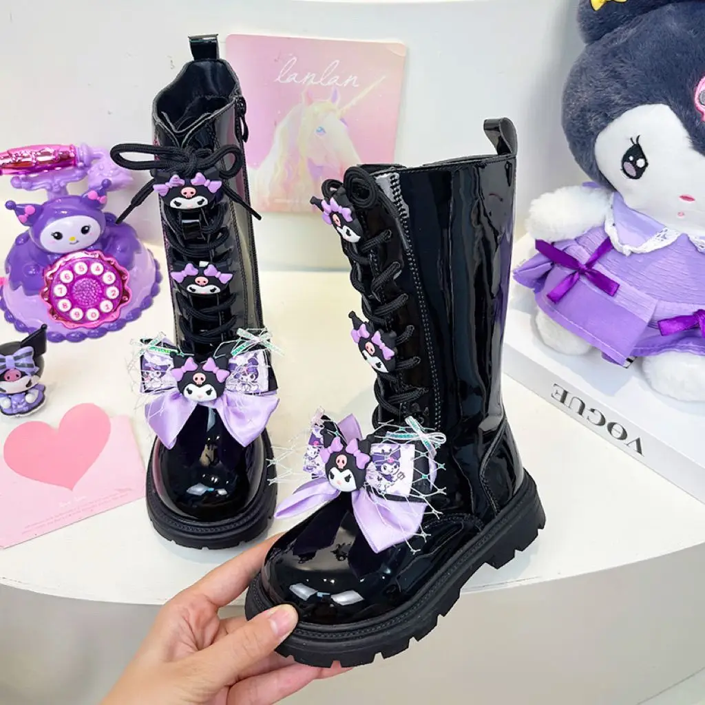 新しいサンリオファッション漫画子供靴かわいいクロミ女の子ロングレザーブーツソフトソール冬子供プラスベルベット綿靴