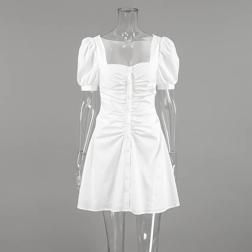 2025 New Light Commuter Square Neck Dress Women's Summer Simple Waist Pure Cotton Short-sleeved A-word Skirt Women's Clothing