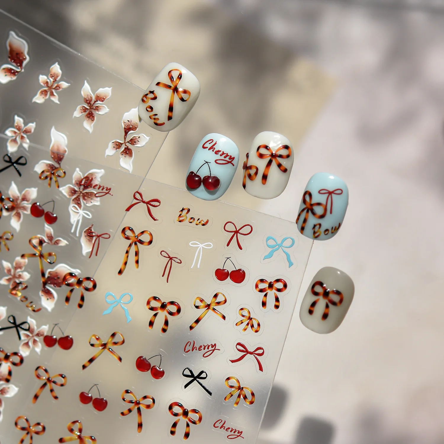 Autocollants pour ongles en gelée 5D, exquis, nœud ambre rouge, cerise, décorations adhésives pour Nail Art, décalcomanies de manucure, accessoires de bricolage