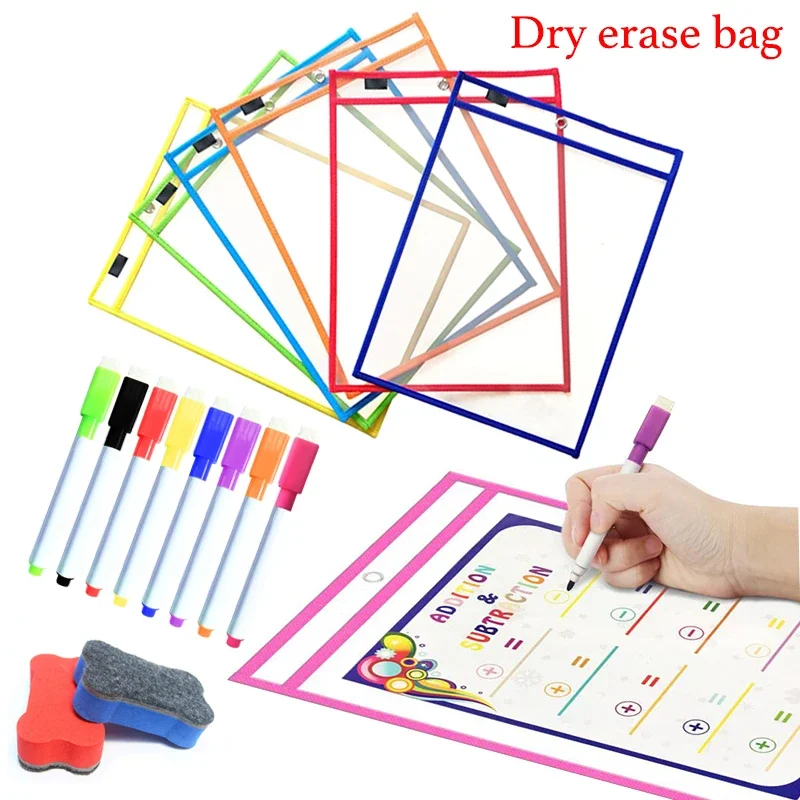 6 Pieces Per Set Dry Erase Pockets Painting Document Bag Transparent PET Child Reusable Writing Tool Bag Graffiti Board