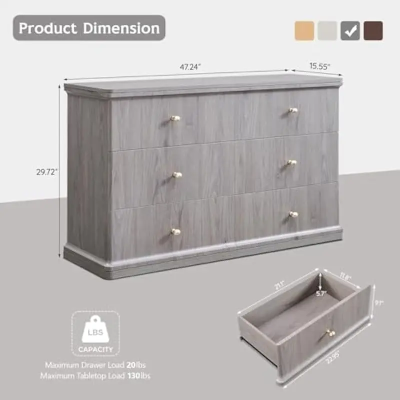 Modern 6-Drawer Bedroom Dresser with Waterfall Edge Design, 47.2 Inch Width, Light Grey Finish, Polished Surface, 3D Wood Grain