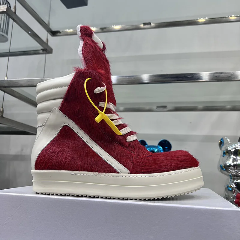 Cabelo de cavalo vermelho escuro de alta qualidade sapatos casuais homens ro johns couro genuíno tênis luxo geobasket botas de tornozelo feminino